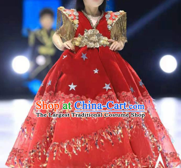 Custom Piano Recital Formal Clothing Girl Catwalks Garment Costumes Stage Show Red Full Dress Baroque Princess Fashion