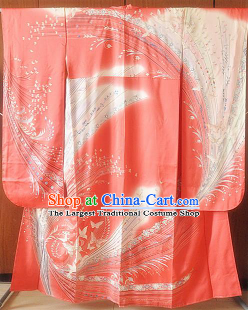 Japanese Traditional Court Princess Clothing Classical Butterfly Pattern Furisode Kimono Costume Wedding Bride Pink Yukata Dress