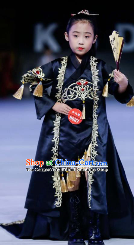 Chinese Baby Compere Garment Costume Children Model Attire Stage Performance Fashion Clothing Girl Catwalk Show Black Dress
