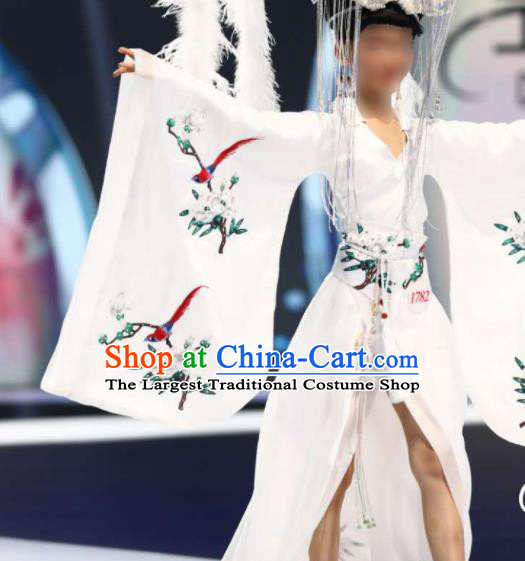 Chinese Children Model Attire Stage Performance Fashion Clothing Girl Catwalk Show White Dress Empress Garment Costume