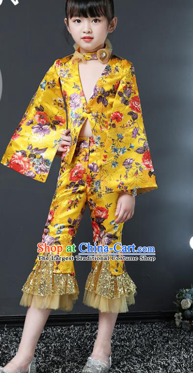 Top Compere Garment Costumes Children Performance Clothing Catwalks Baby Fashion Girls Stage Show Golden Suits