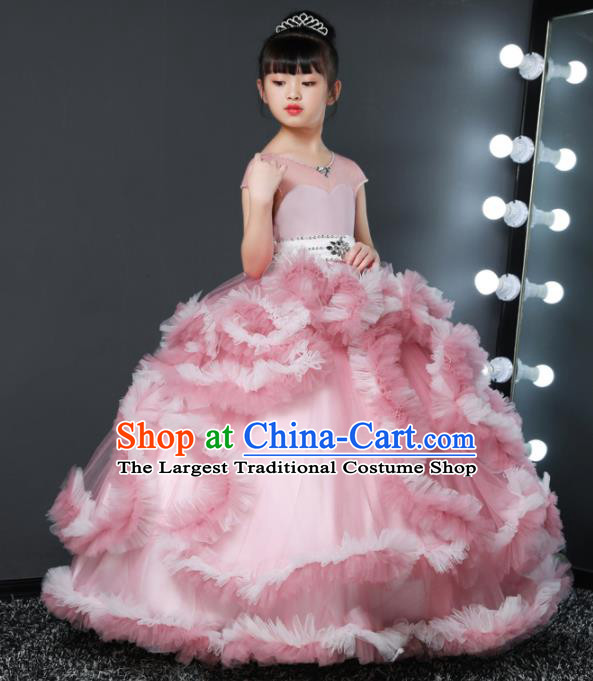 Custom Stage Show Pink Full Dress Children Princess Fashion Modern Dance Clothing Girl Catwalks Garment Costume