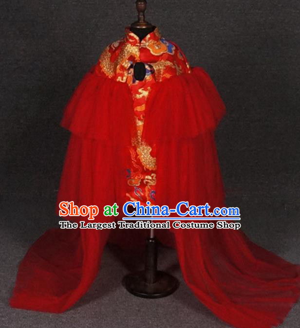 Chinese Girl Catwalk Clothing Zither Performance Garment Costume Children Compere Red Qipao Dress Stage Show Fashion