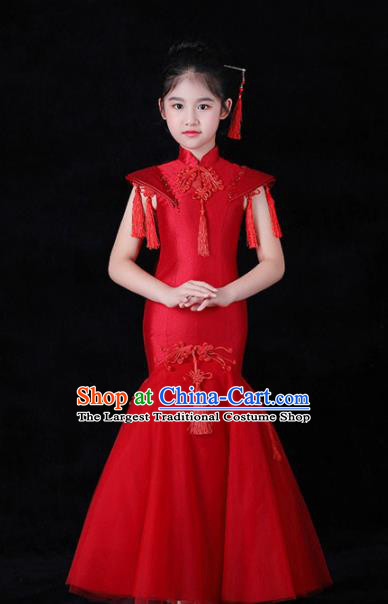 Chinese Stage Show Fashion Girl Catwalk Clothing Classical Dance Garment Costume Children Compere Red Qipao Dress