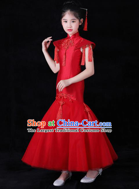 Chinese Stage Show Fashion Girl Catwalk Clothing Classical Dance Garment Costume Children Compere Red Qipao Dress