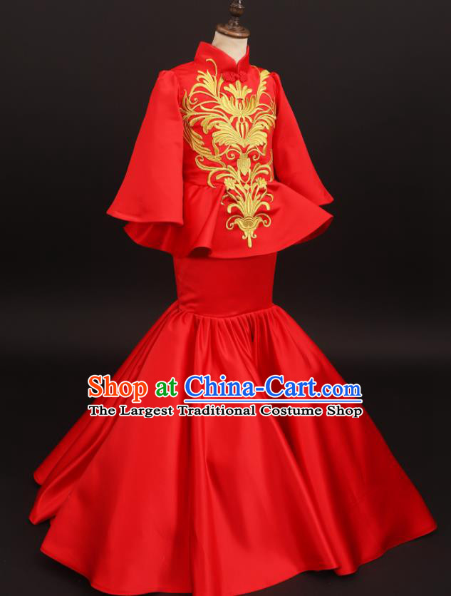 Chinese Children Compere Red Fishtail Dress Stage Show Fashion Girl Catwalk Clothing Classical Dance Garment Costume