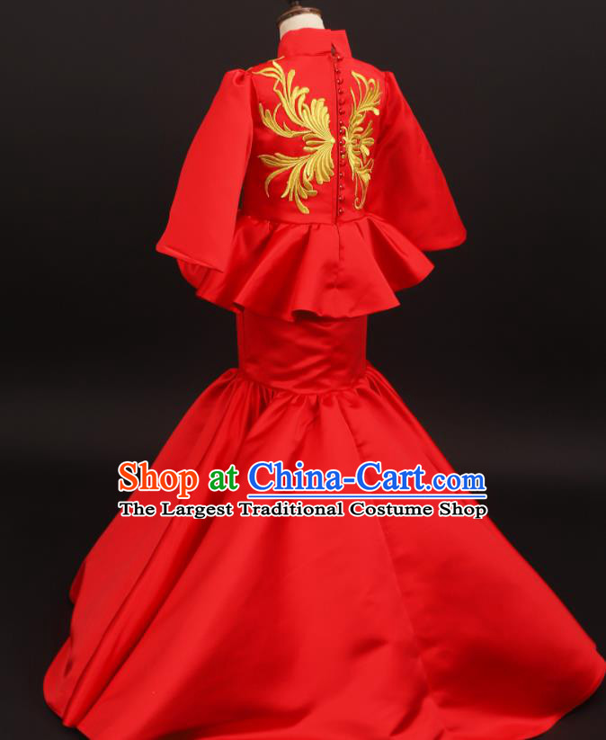 Chinese Children Compere Red Fishtail Dress Stage Show Fashion Girl Catwalk Clothing Classical Dance Garment Costume