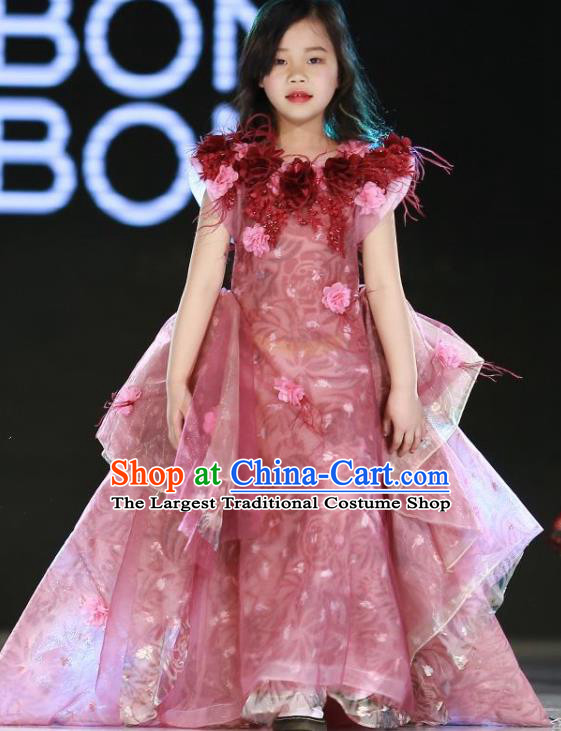 Custom Children Catwalks Garment Costume Christmas Performance Pink Fishtail Full Dress Fairy Princess Fashion Piano Recital Clothing