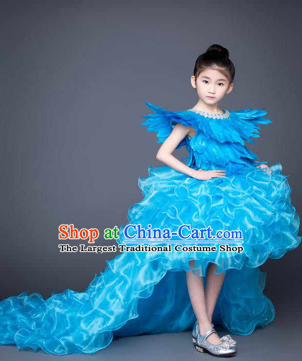 Custom Piano Recital Clothing Children Catwalks Garment Costume Christmas Performance Blue Trailing Full Dress Fairy Princess Feather Fashion
