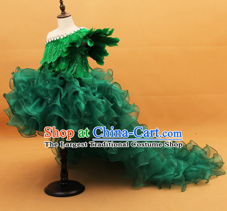 Custom Girl Princess Feather Fashion Piano Recital Clothing Children Catwalks Garment Costume Christmas Performance Green Trailing Full Dress