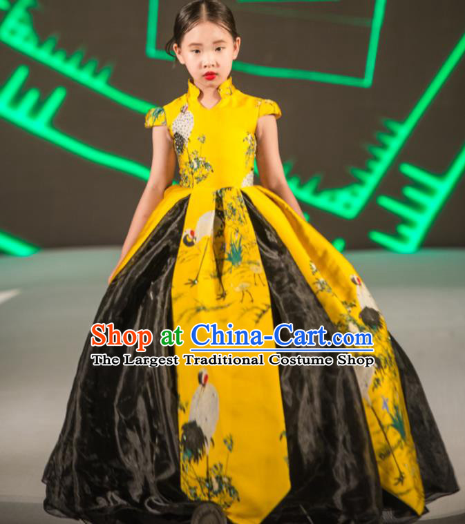 Chinese Children Compere Yellow Full Dress Stage Show Fashion Girl Catwalk Clothing Classical Dance Garment Costume