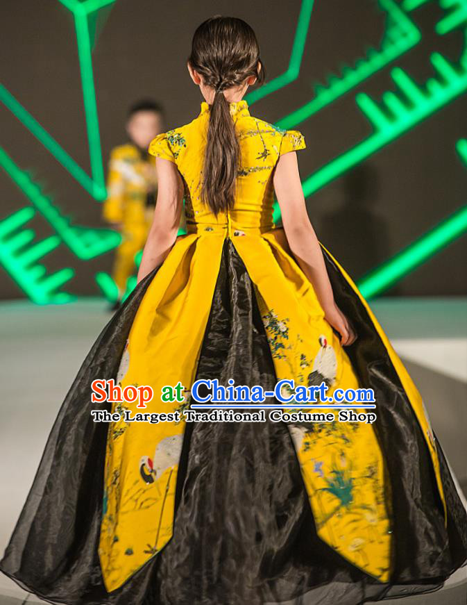 Chinese Children Compere Yellow Full Dress Stage Show Fashion Girl Catwalk Clothing Classical Dance Garment Costume