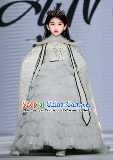 Custom European Princess Grey Veil Full Dress Girl Piano Recital Fashion Modern Dance Clothing Children Catwalks Garment Costume