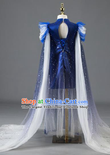 Chinese Stage Show Fashion Girl Catwalk Clothing Classical Dance Garment Costume Children Compere Royalblue Full Dress
