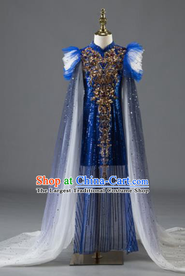 Chinese Stage Show Fashion Girl Catwalk Clothing Classical Dance Garment Costume Children Compere Royalblue Full Dress