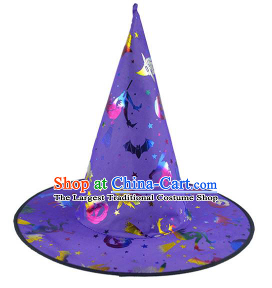Handmade Cosplay Witch Headwear Stage Performance Peaked Cap Halloween Magic Headdress Fancy Party Purple Hat
