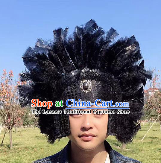 Professional Cosplay Warrior Black Feather Hat Samba Dance Headdress Halloween Apache Tribal Chief Headwear Stage Show Hair Accessories