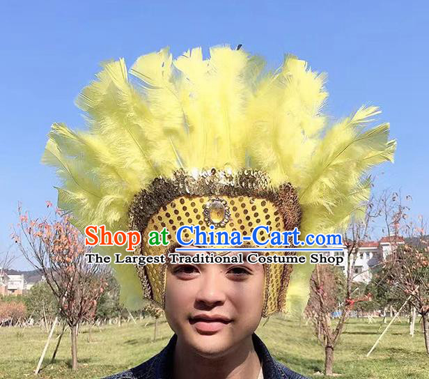 Professional Samba Dance Hair Accessories Apache Tribal Chief Headwear Stage Show Headdress Halloween Cosplay Wild Man Yellow Feather Hat