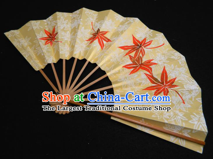 Japan Geisha Dance Yellow Fan Traditional Printing Maple Leaf Folding Fan Handmade Kimono Accordion Craft