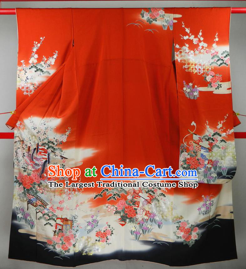 Japanese Classical Peony Pattern Furisode Kimono Clothing Traditional Wedding Garment Costume Bride Red Yukata Dress