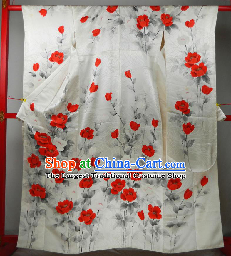 Japanese Bride White Silk Yukata Dress Classical Rose Flowers Pattern Furisode Kimono Clothing Traditional Court Empress Garment Costume