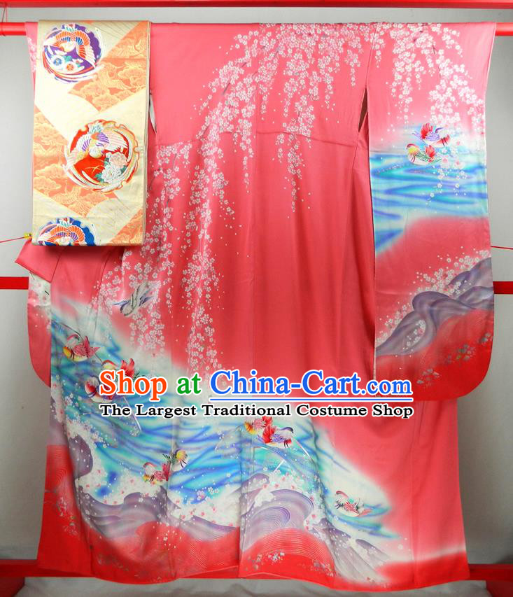 Japanese Classical Sakura Mandarin Duck Pattern Red Yukata Dress Traditional Furisode Kimono Clothing Wedding Bride Garment Costume