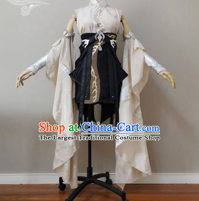 China Cosplay Swordswoman Garment Costumes Ancient Young Lady Beige Dress Outfits Traditional JX Online Clothing