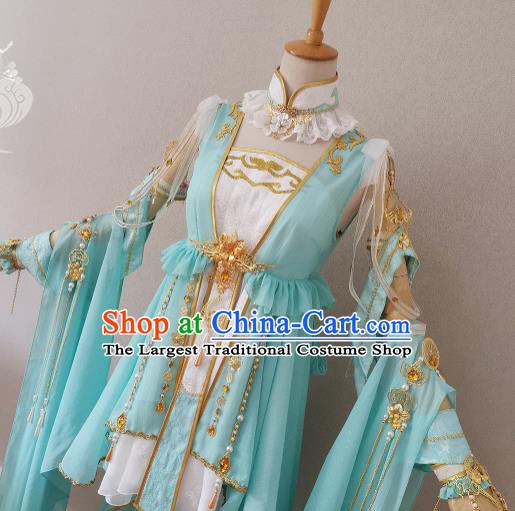 China Traditional JX Online Swordswoman Clothing Cosplay Fairy Garment Costumes Ancient Female Knight Light Blue Dress Outfits