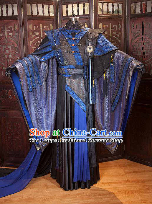 China Cosplay Swordsman Blue Hanfu Clothing Ancient Chivalrous Knight Garment Costumes Traditional Puppet Show Royal Highness Uniforms