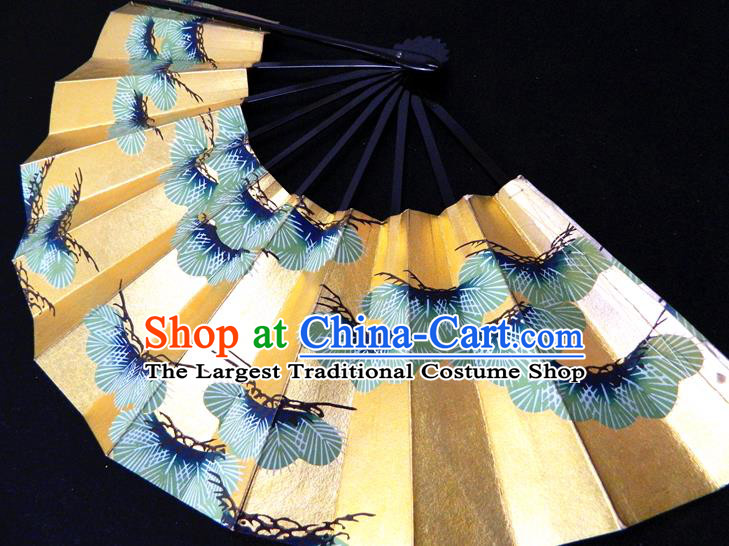Japan Woman Pine Painting Pattern Accordion Handmade Ebony Fan Traditional Dance Folding Fan Geisha Performance Fan
