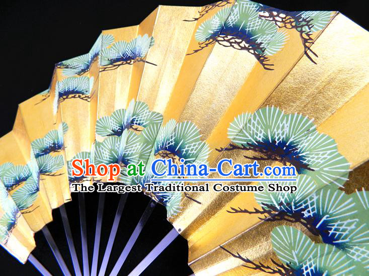 Japan Woman Pine Painting Pattern Accordion Handmade Ebony Fan Traditional Dance Folding Fan Geisha Performance Fan