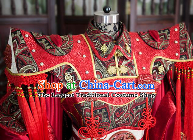 China Ancient Demon King Garment Costumes Traditional Puppet Show Emperor Uniforms Cosplay Swordsman Red Hanfu Clothing