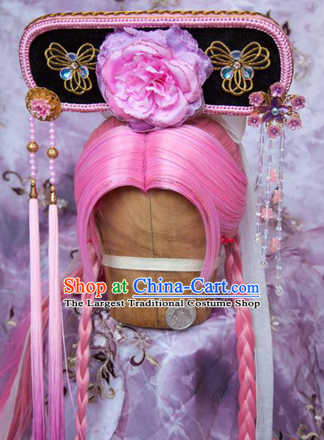 Chinese Ancient Queen Pink Wigs and Hair Crown Traditional Puppet Show Hair Accessories Cosplay Empress Headdress
