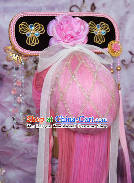 Chinese Ancient Queen Pink Wigs and Hair Crown Traditional Puppet Show Hair Accessories Cosplay Empress Headdress