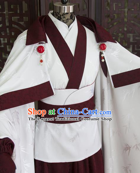 China Cosplay Swordsman Purplish Red Hanfu Clothing Ancient Noble Childe Garment Costumes Traditional Puppet Show Prince Uniforms