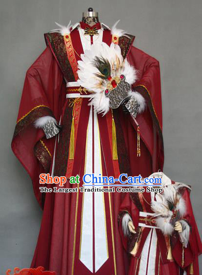 China Traditional Puppet Show King Yue Lanfang Wine Red Uniforms Cosplay Military Counsellor Hanfu Clothing Ancient Swordsman Garment Costumes