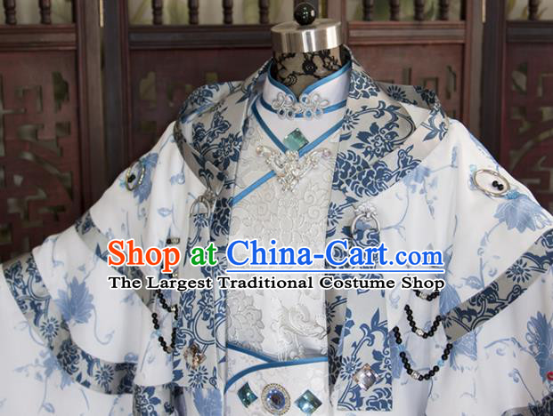 China Ancient Noble Childe Garment Costumes Traditional Puppet Show Swordsman Su Huanzhen Uniforms Cosplay Royal Prince White Hanfu Clothing