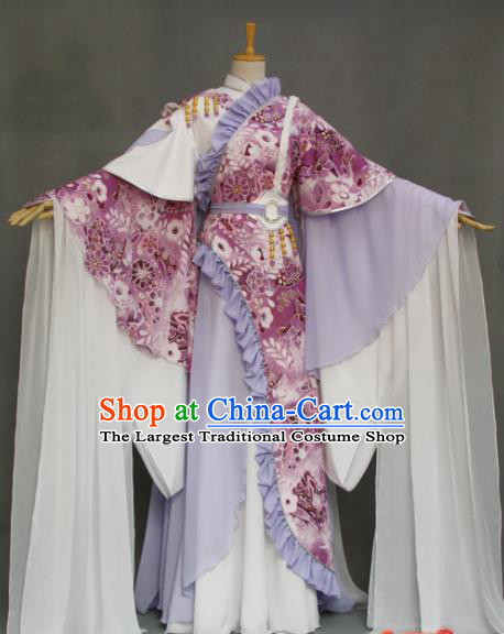 China Ancient Princess Lilac Hanfu Dress Traditional Puppet Show Swordswoman Clothing Cosplay Fairy Queen Garment Costumes