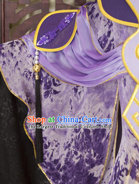 China Traditional Puppet Show Swordsman Purple Uniforms Cosplay Taoist Priest Hanfu Clothing Ancient Chivalrous Knight Garment Costumes
