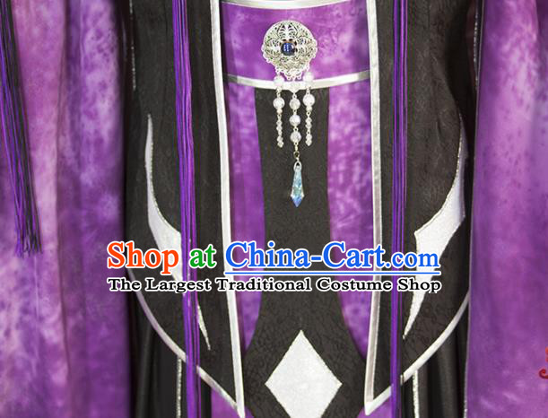 China Ancient Royal Highness Garment Costumes Traditional Puppet Show Swordsman Purple Uniforms Cosplay Taoist Priest Liang Wuji Hanfu Clothing