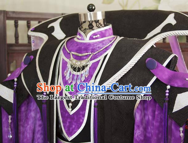 China Ancient Royal Highness Garment Costumes Traditional Puppet Show Swordsman Purple Uniforms Cosplay Taoist Priest Liang Wuji Hanfu Clothing