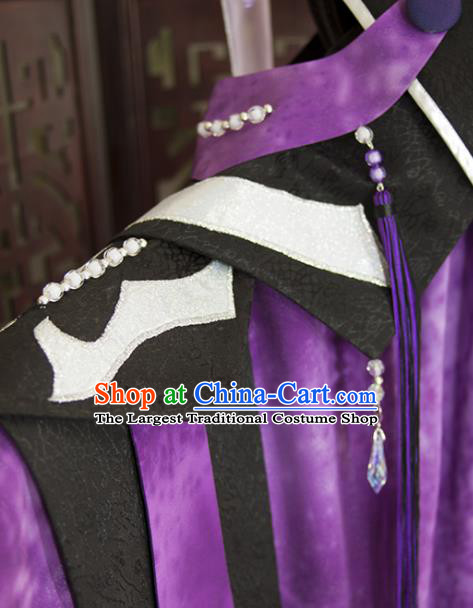 China Ancient Royal Highness Garment Costumes Traditional Puppet Show Swordsman Purple Uniforms Cosplay Taoist Priest Liang Wuji Hanfu Clothing