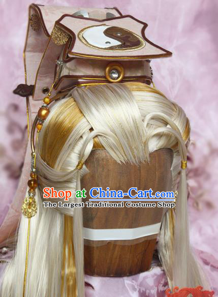 Chinese Ancient Swordsman Hair Accessories Traditional Hanfu Golden Wigs Sheath Cosplay Taoist Priest Hairpieces and Hair Crown
