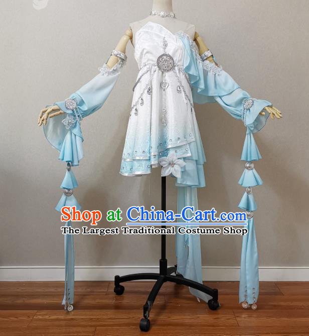 China Ancient Young Lady Light Blue Dress Outfits Traditional JX Online Clothing Cosplay Swordswoman Garment Costumes