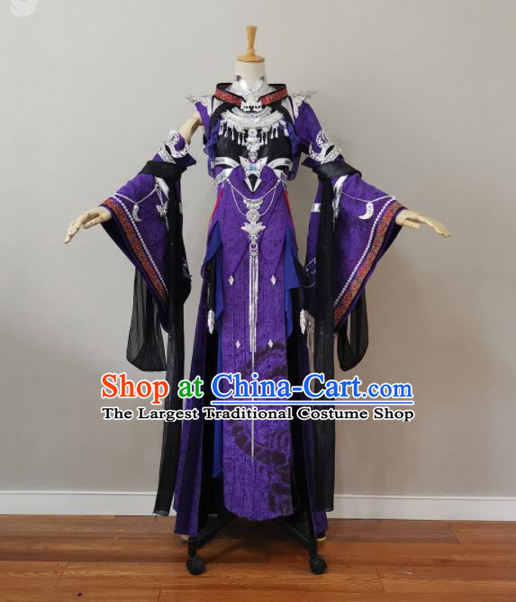 China Cosplay Heroine Garment Costumes Ancient Fairy Queen Purple Dress Outfits Traditional JX Online Swordswoman Clothing