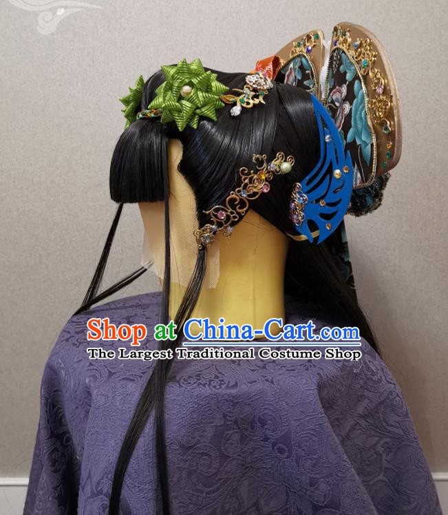 China Ancient Imperial Consort Wigs and Hairpins Headpieces Traditional Puppet Show Huan Ji Hair Accessories Cosplay Young Beauty Headdress