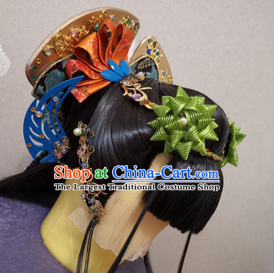China Ancient Imperial Consort Wigs and Hairpins Headpieces Traditional Puppet Show Huan Ji Hair Accessories Cosplay Young Beauty Headdress