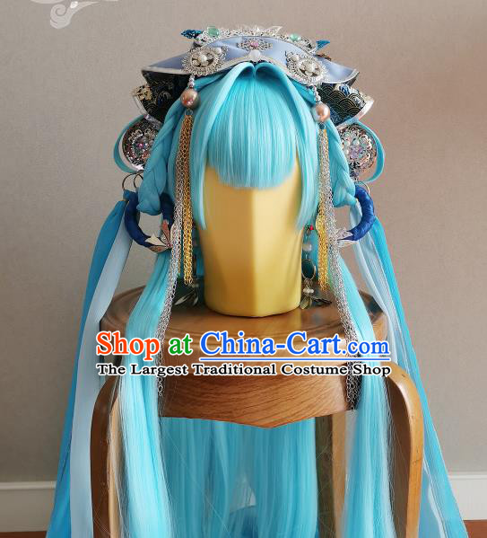 China Traditional Puppet Show Swordswoman Hair Accessories Cosplay Fairy Princess Headdress Ancient Young Lady Blue Wigs and Hair Crown Headpieces