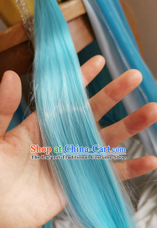 China Traditional Puppet Show Swordswoman Hair Accessories Cosplay Fairy Princess Headdress Ancient Young Lady Blue Wigs and Hair Crown Headpieces