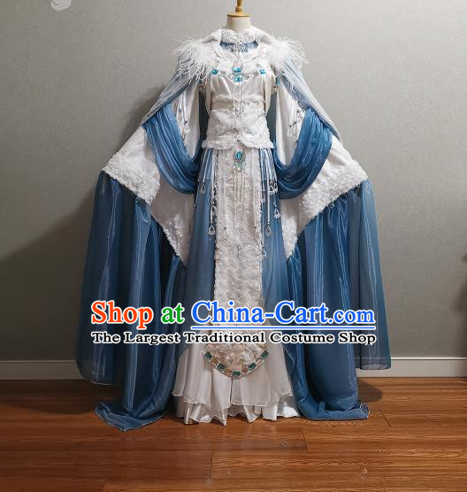 Professional China Traditional Puppet Show Ji Wuxia Clothing Cosplay Empress Garment Costumes Ancient Princess White Dress Outfits